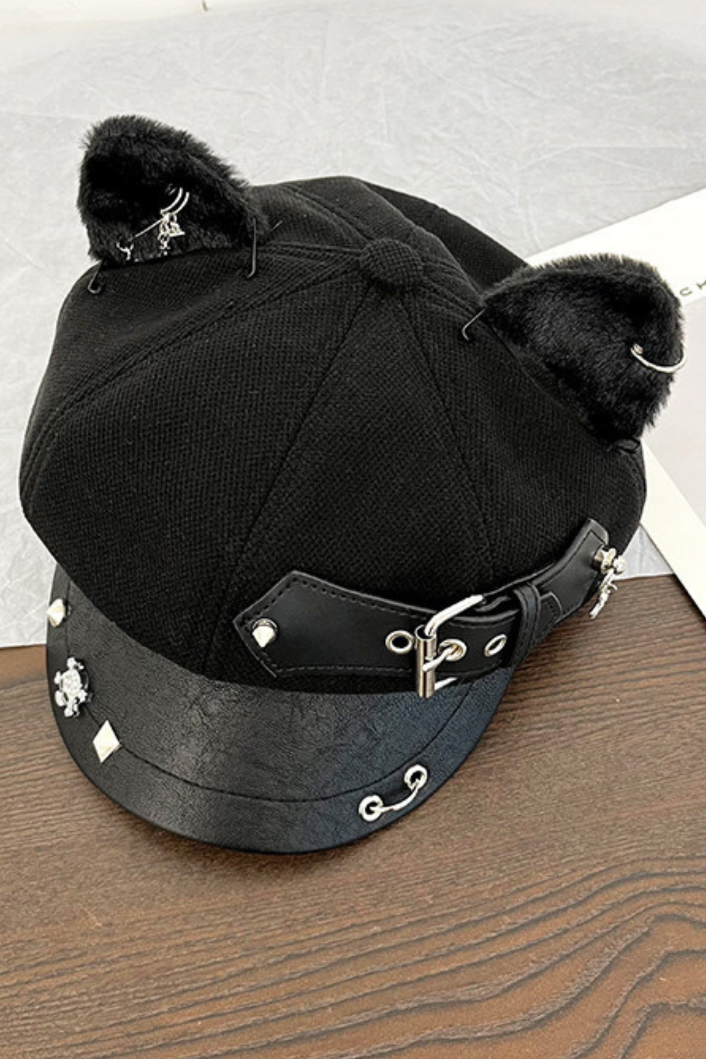 Studded Leather Cat Ear Beret
