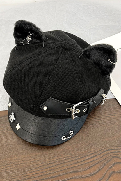 Studded Leather Cat Ear Beret