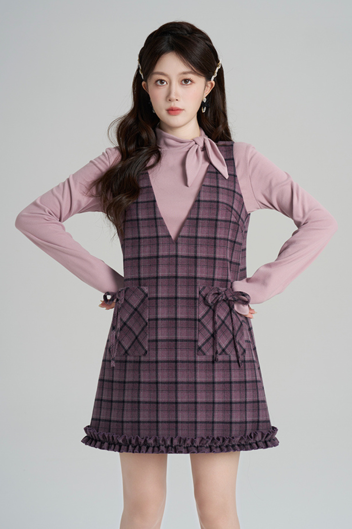 パープルプレイドラッフルドレス+トップス