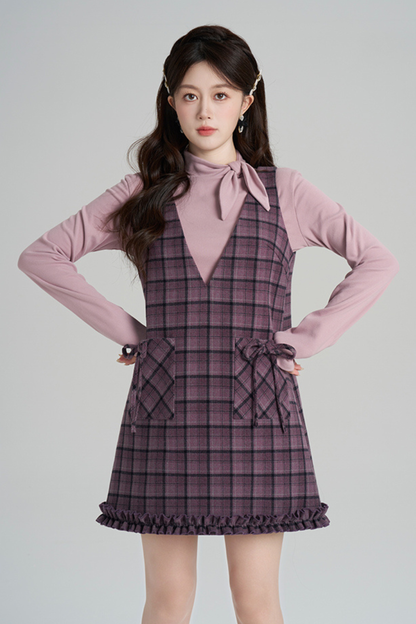 パープルプレイドラッフルドレス+トップス