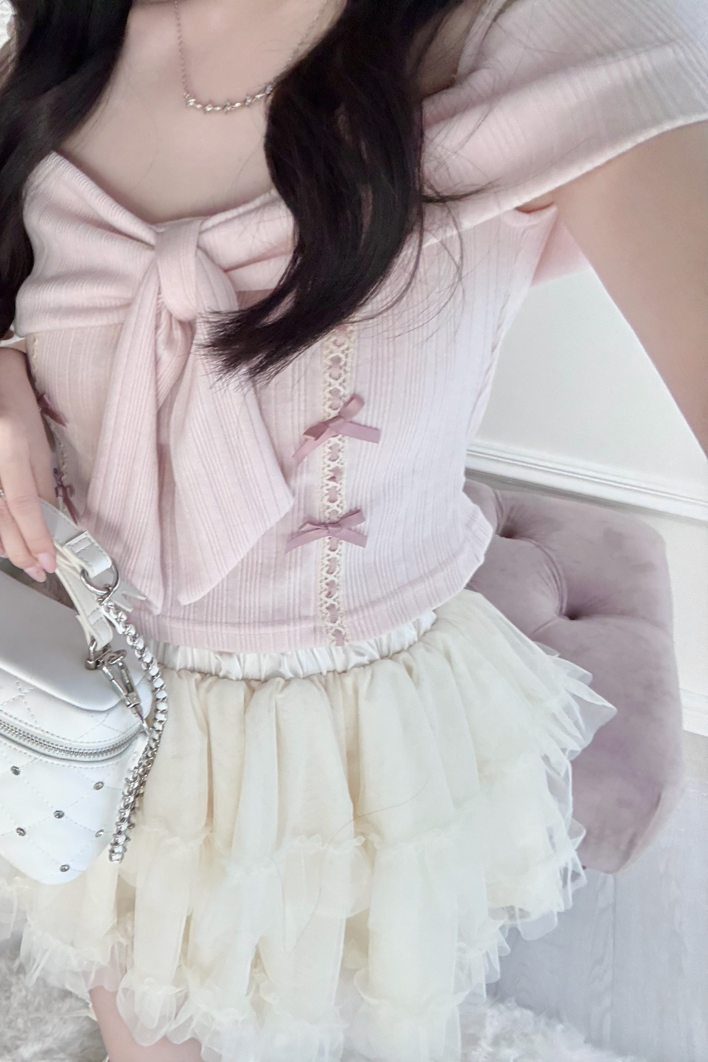 ワンショルダーリボンニットトップス