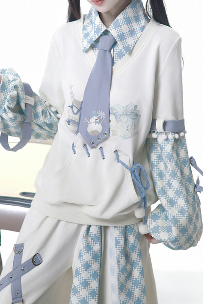 デジタルチェックトップス+ワイドパンツ+ベルト+ネクタイ