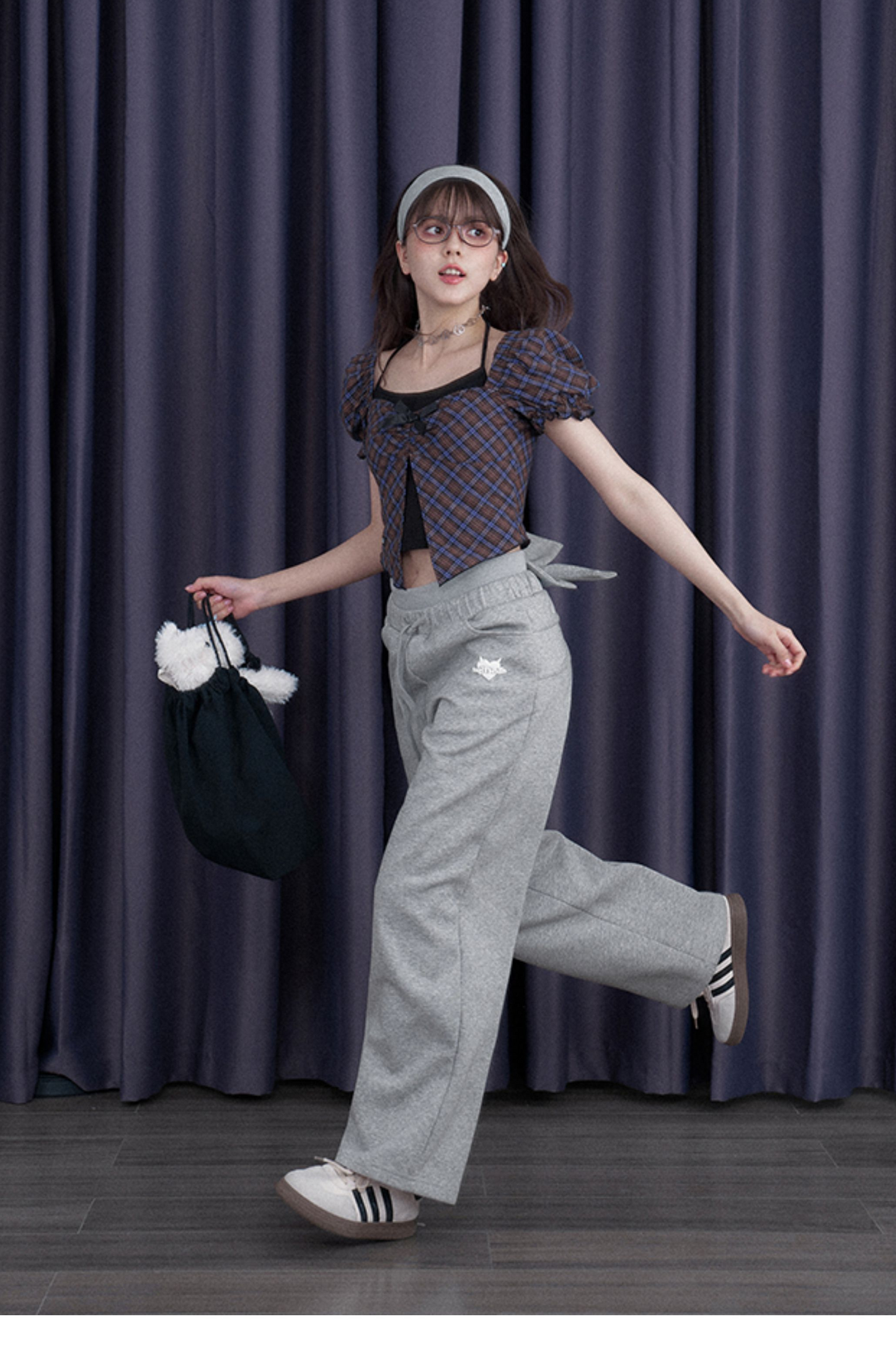 スウィートチェックバブルスリーブトップス