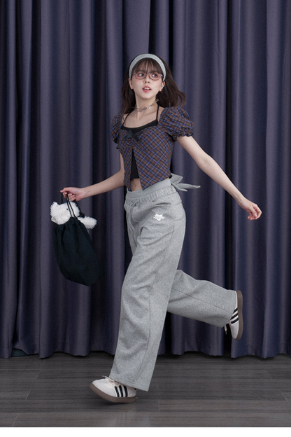 スウィートチェックバブルスリーブトップス