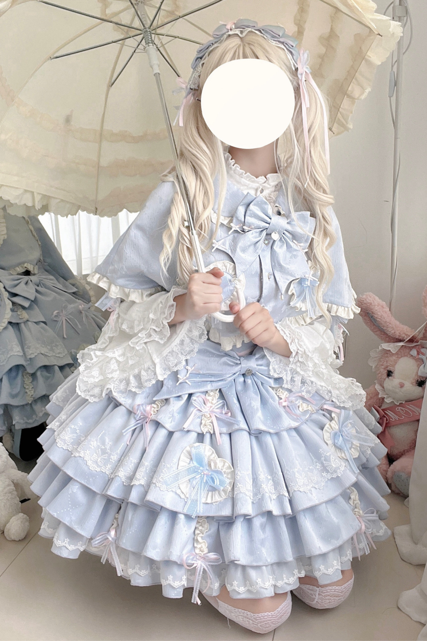 レイヤーフリルスイートプリンセスロリータジャンパースカート+テール+ヘアバンド+ケープ+ボンネット