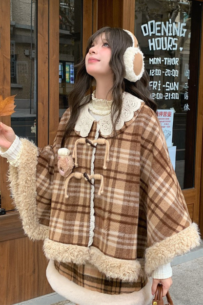 カラーブロックチェックマントコート