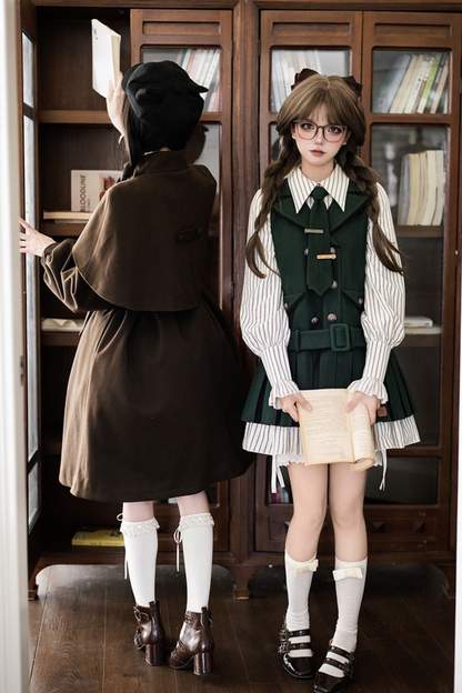 Baker Street Cloak Coat + Striped Dress + Pumpkin Pants + Hat