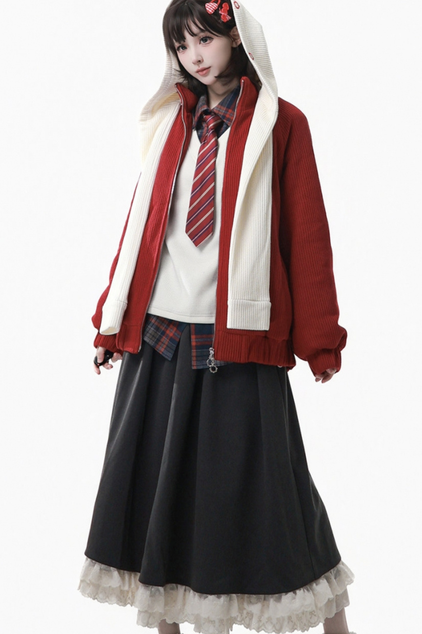 アップルブラックティーフリースコート+フーディー+ロングスカート+ショートスカート+フードマフラー