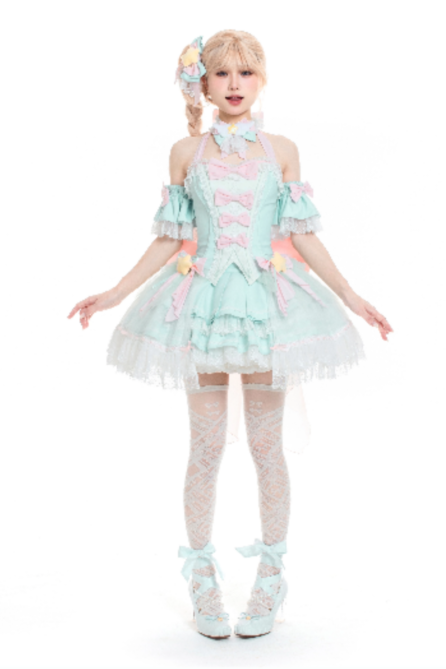 魔法妖精スパークリングウォーターロリータトップス+スカート+ヘアクリップ+テール+魔法ステッチ