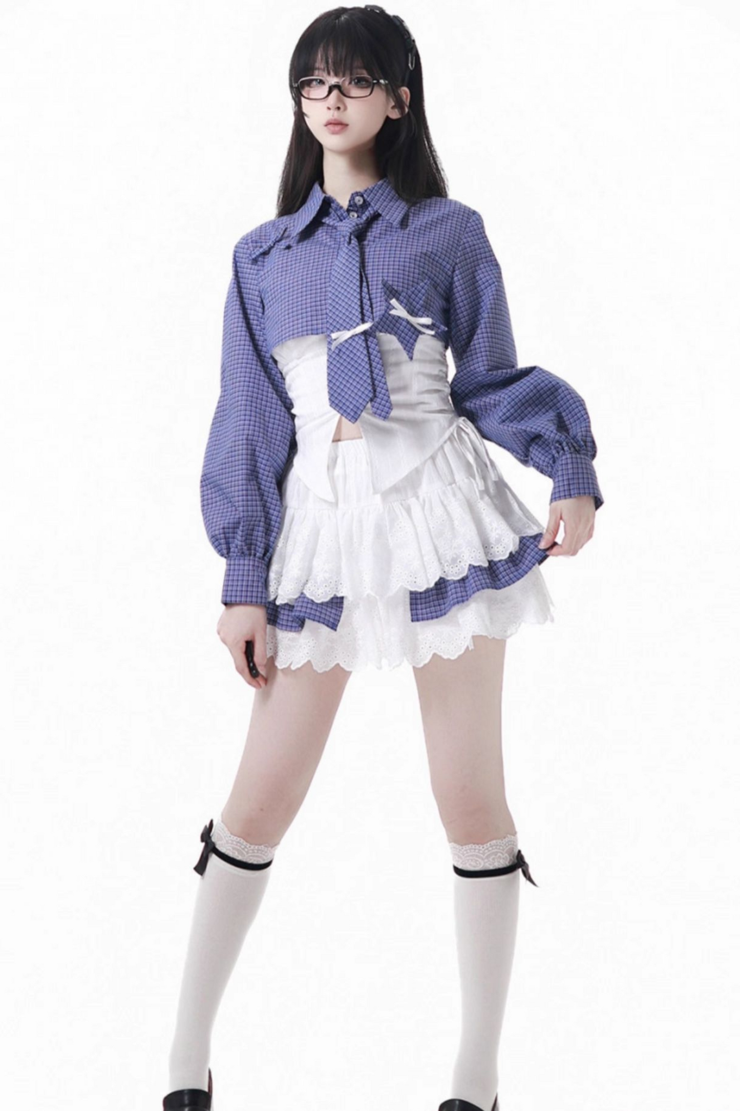 Check Tie Blouse Ursus Camisole + Skirt + Short Top