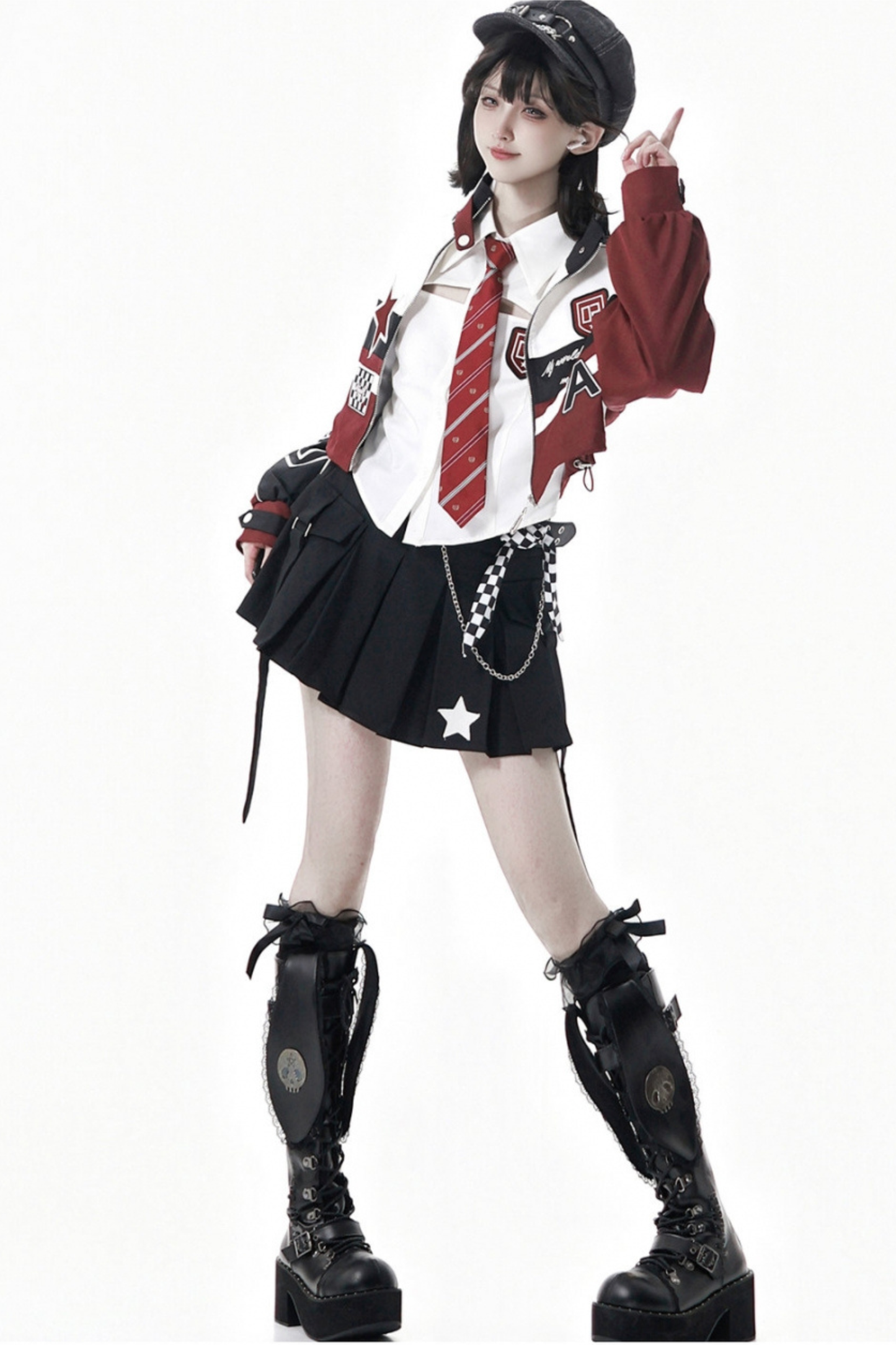 バイカージャケット+ネクタイ付きシャツ+スカート+ベルト