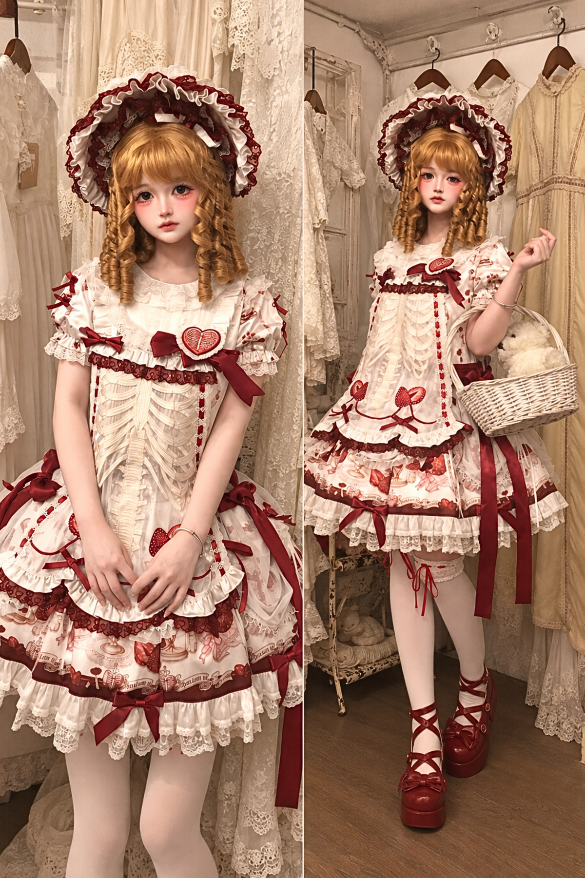 【11月4日予約締切】Strawberry Print Sweet Lolita Lace Bow JSK Dress + Puff Sleeve Lace Bow Doll Dress with Bone Embroidery Apron
