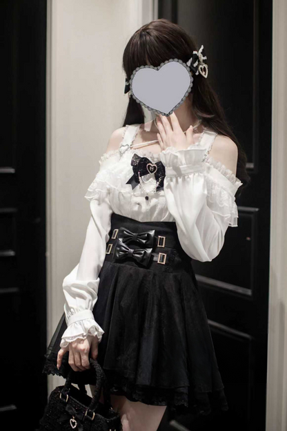 Mine off-the-shoulder shirt + checked skirt (with inner pants)