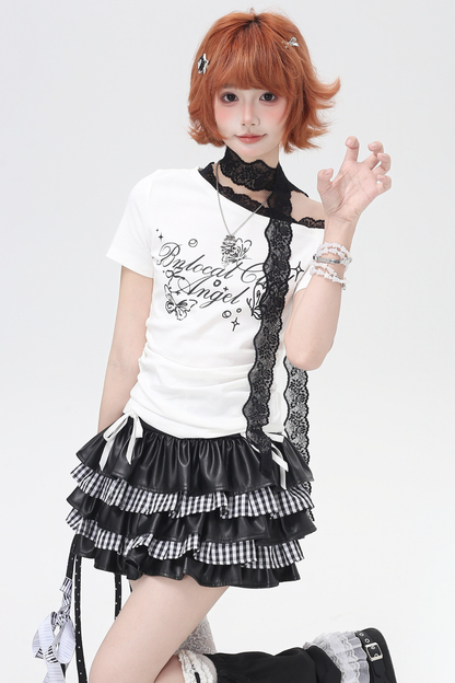 レースデザインワンショルダースリムトップス