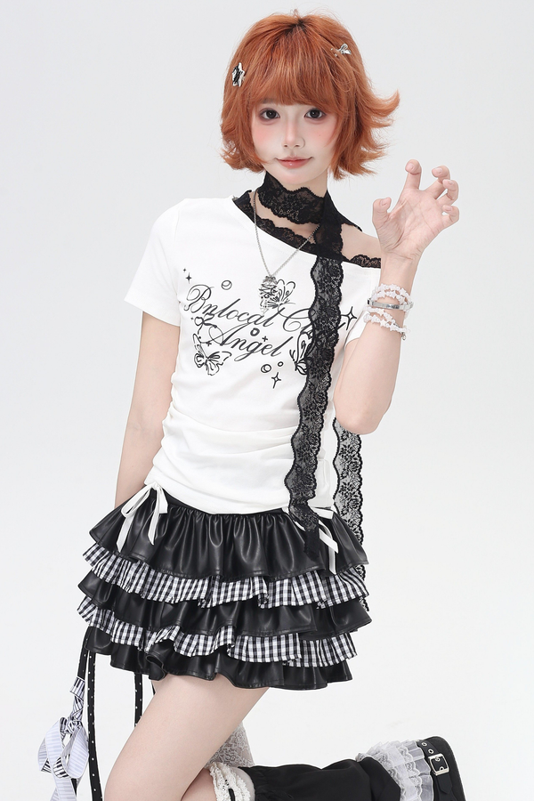 レースデザインワンショルダースリムトップス