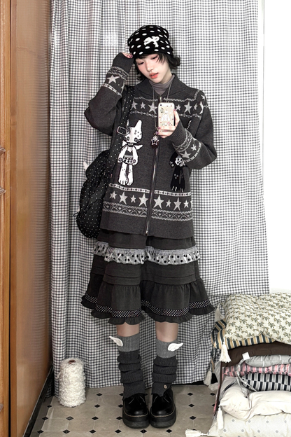 Y2K Jacquard Cardigan + Flare Skirt