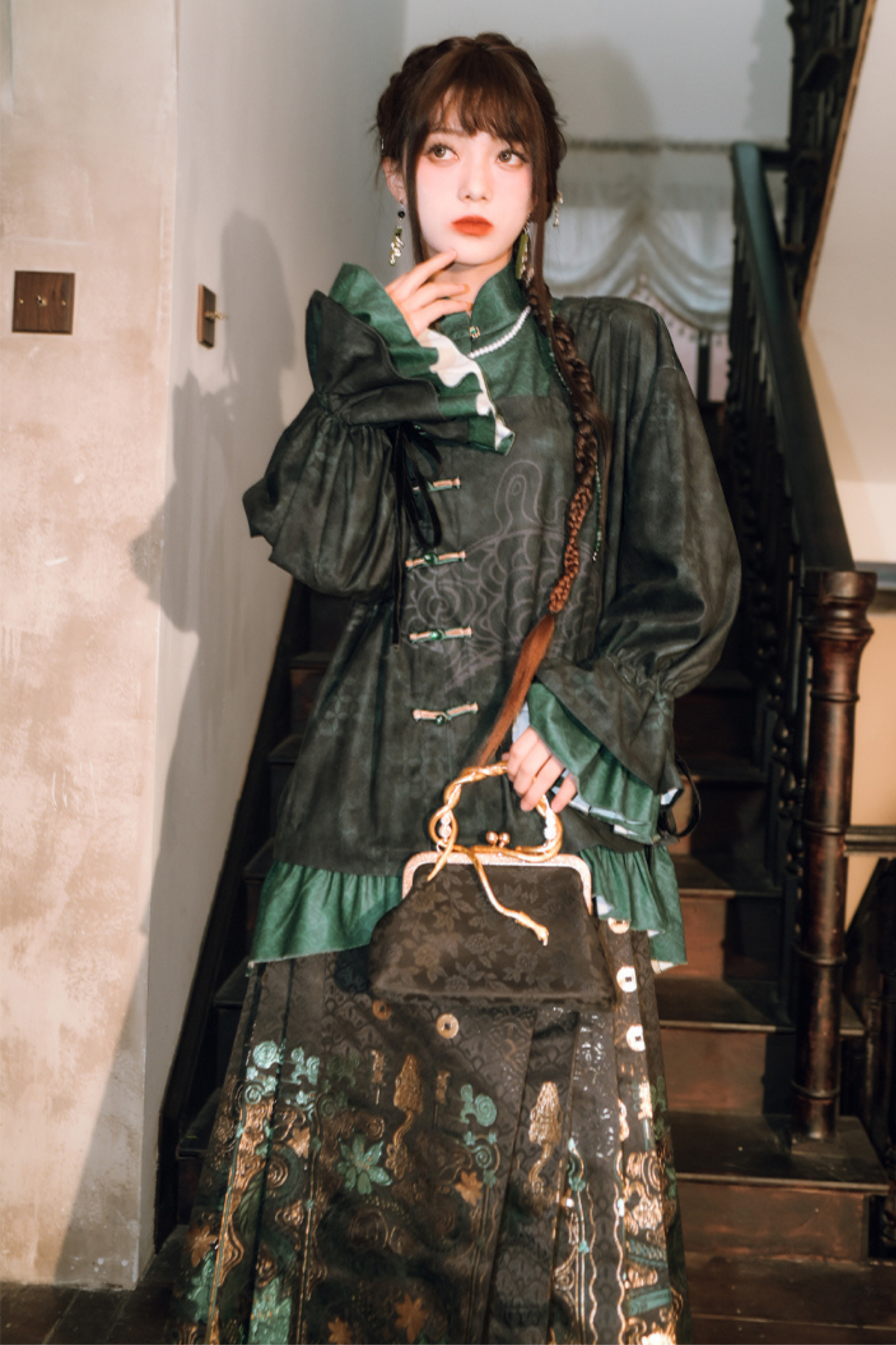 Dark China Flared Sleeve Top