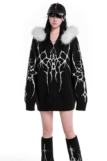 ゴシックファーフードルーズジップカーディガン