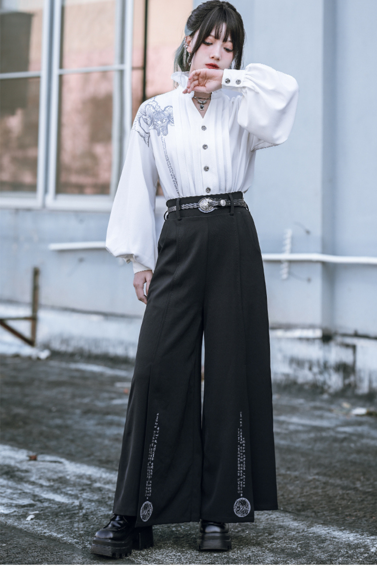 Spliced wide-leg pants