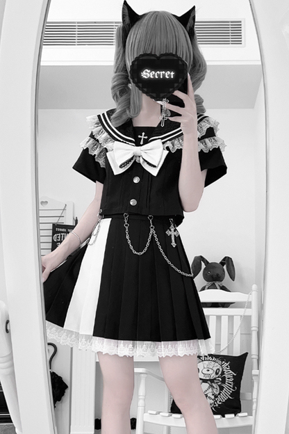 ダークガールカレッジセーラートップス+スカート+リボン+スカートチェーン