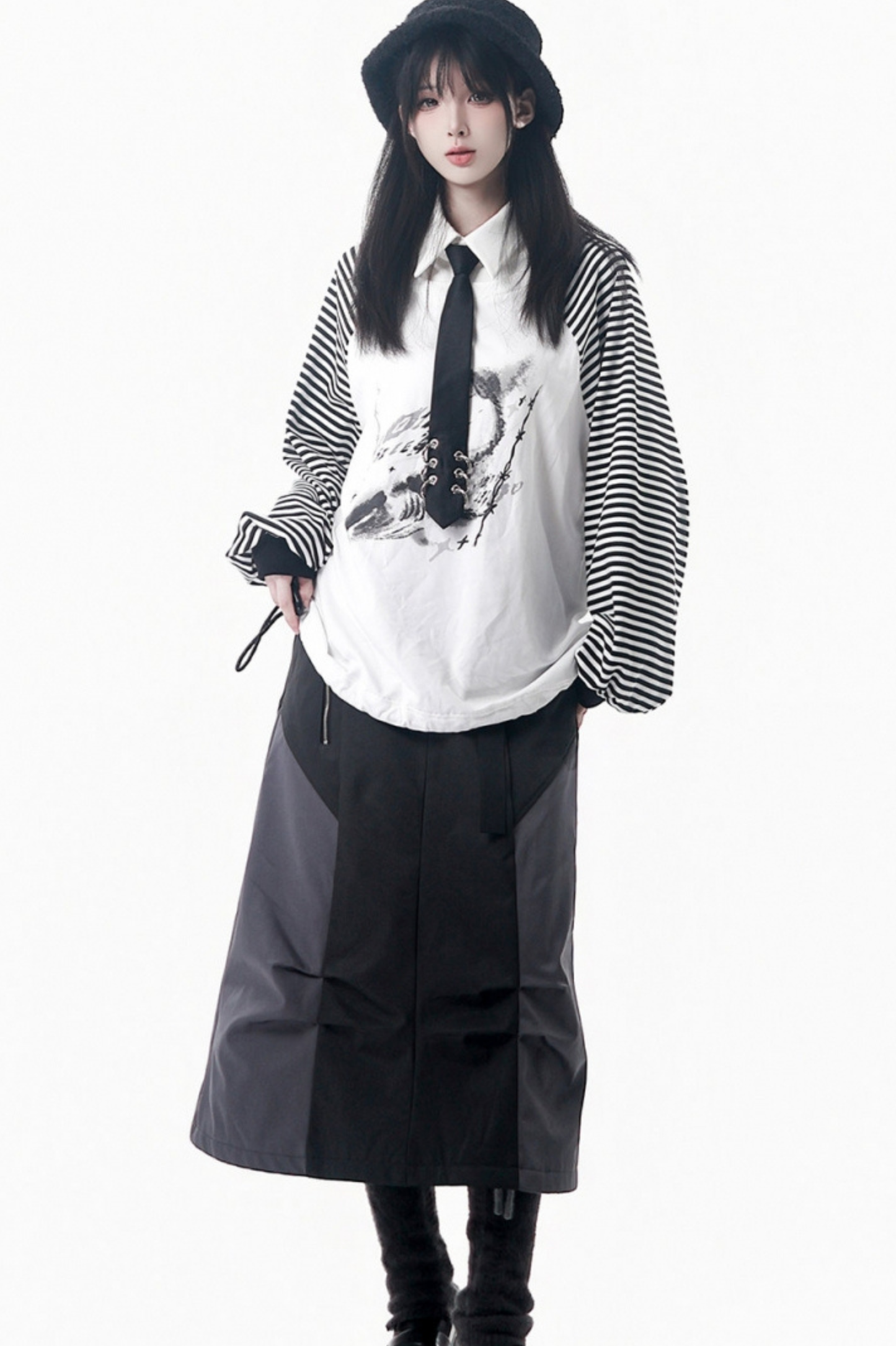 Dark gray color blocking jacket + pants + skirt + top