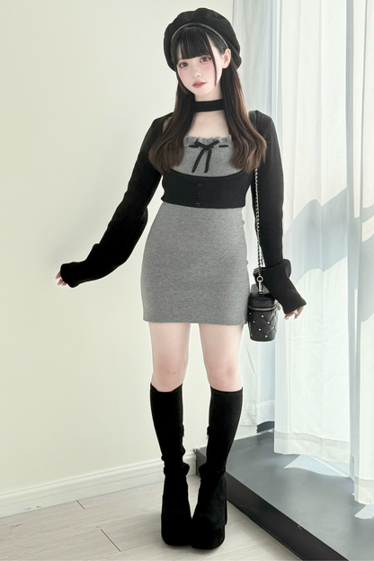 ショートニットカーディガン+タイトドレス