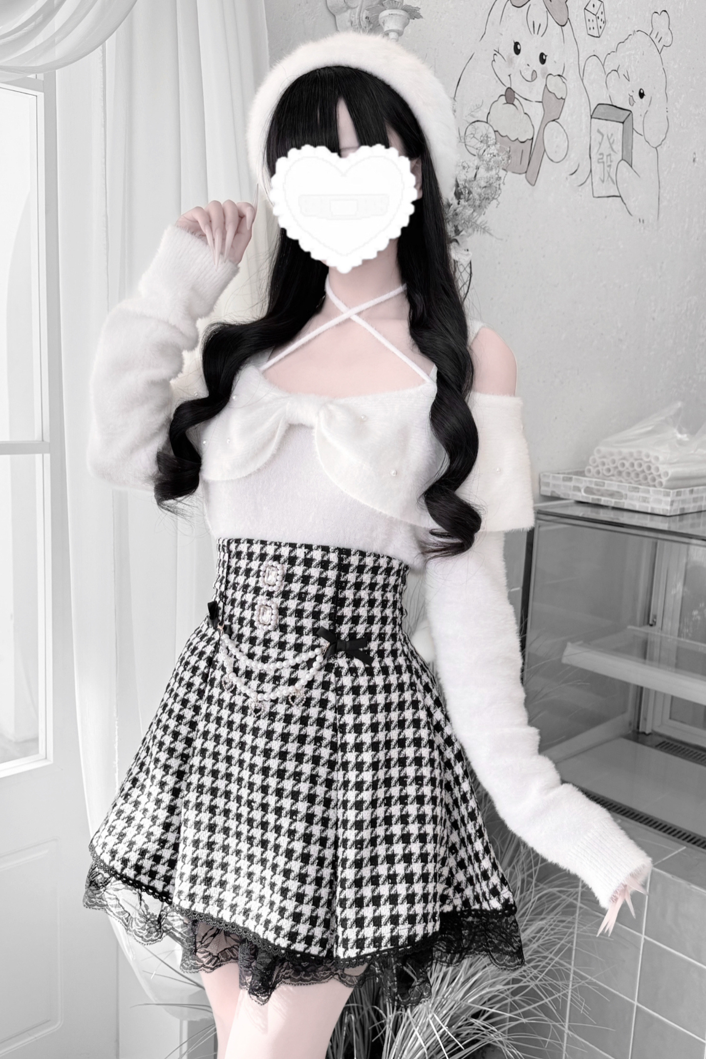 Ribbon mink velvet off-the-shoulder sweater