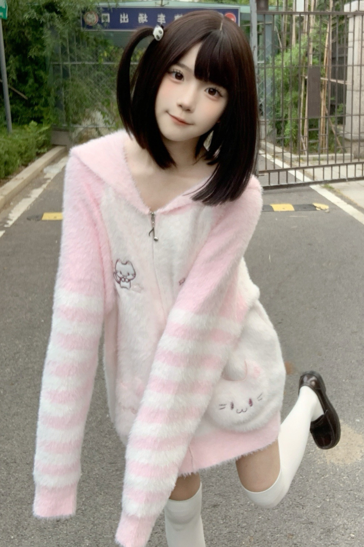 キャットルーズフードジッパーカーディガン