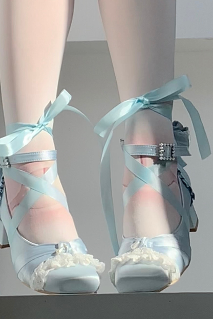 レースアップスクエアトウバレエヒール