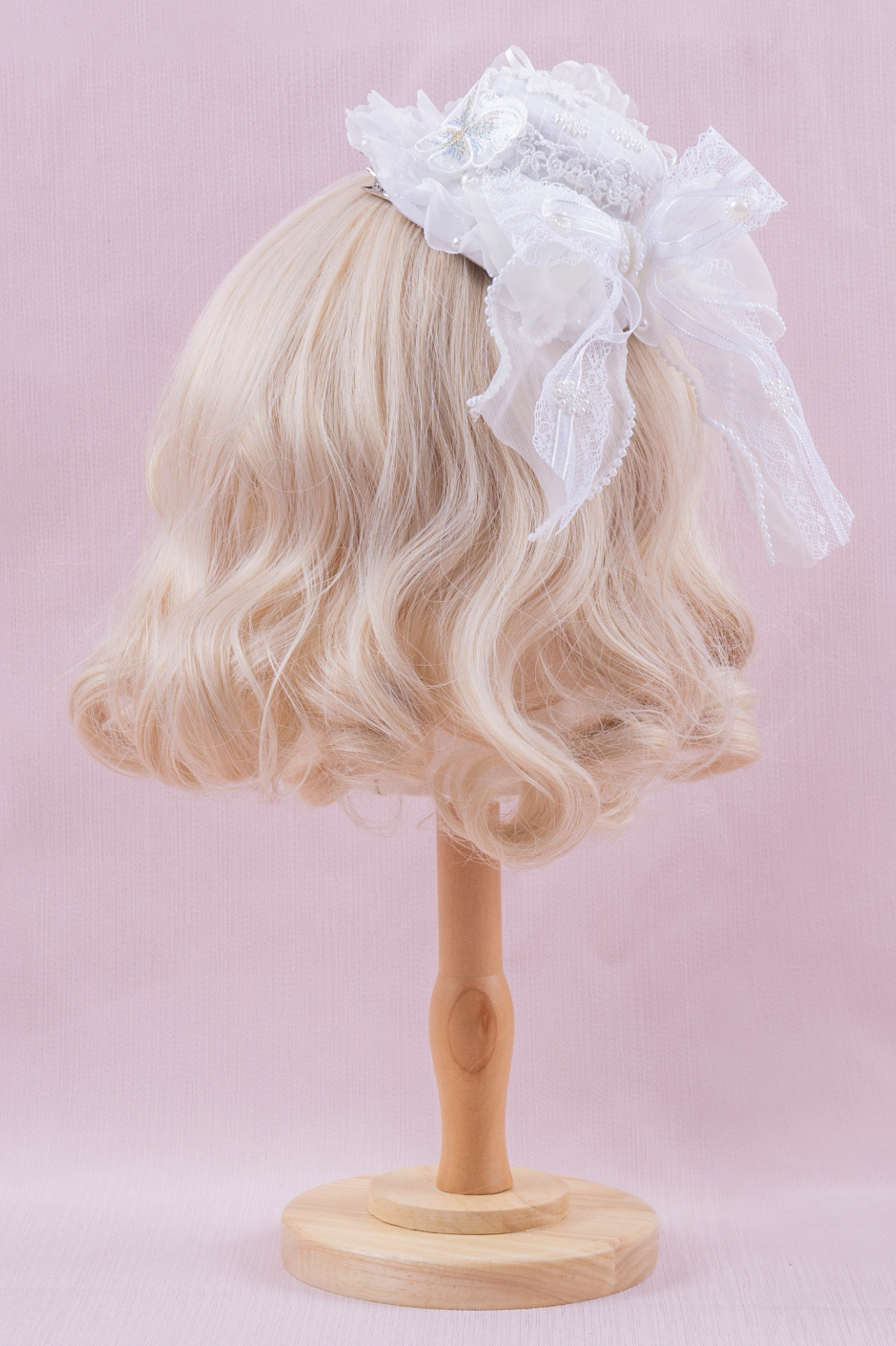 ホワイトレースブライダルスタイルボンネット+ヘアバンド+クリップ+スリーブ