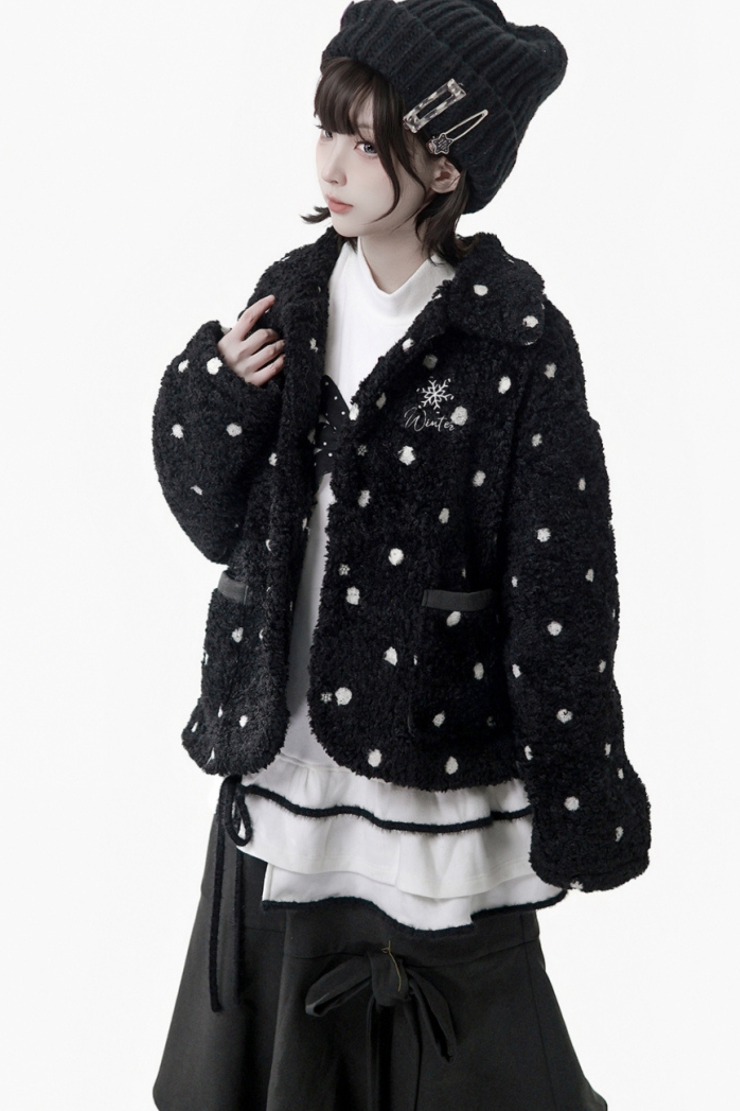 ポルカドットウィンターフリースジャケット+ベスト+トップス+スカートスカーフ