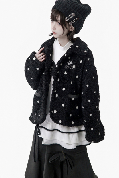 ポルカドットウィンターフリースジャケット+ベスト+トップス+スカートスカーフ