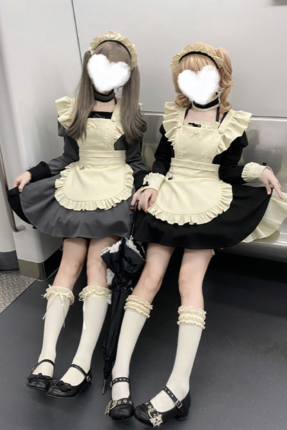 ツインフリルメイドロリータドレス+エプロン+チョーカー+ヘッドバンド+リボン+レッグカバー