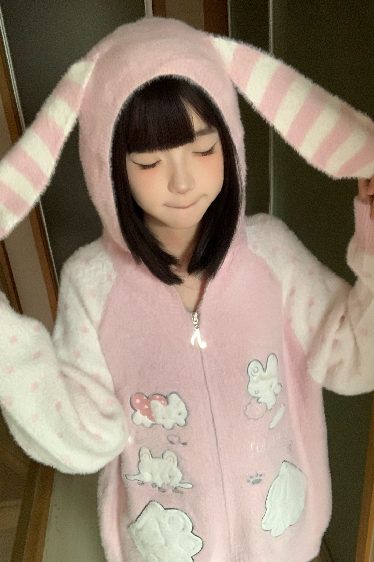 ボーダードットラビットフードニットパーカー