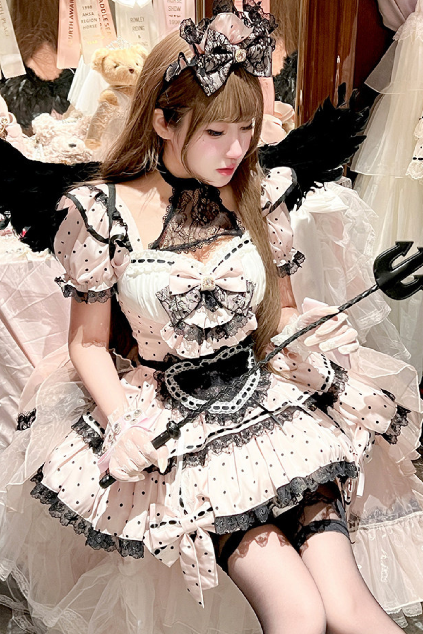 スイートリトルドットメイドロリータドレス+エプロン+ヘッドアクセサリー+ベール