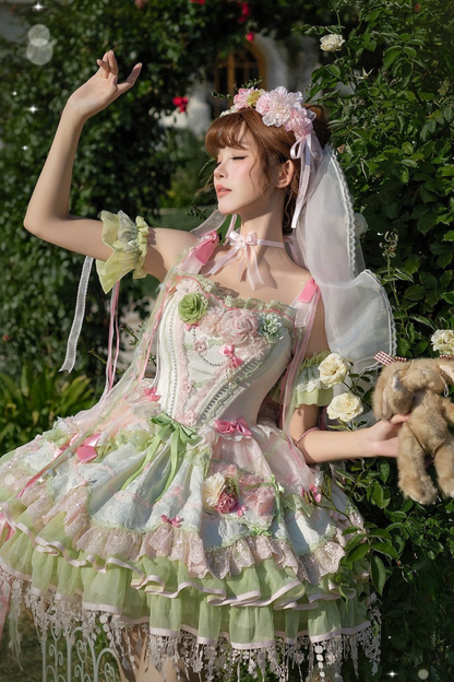 [Clôture des réservations le 10/8] Robe lolita corset à volants en dentelle florale rose x vert doux + ensemble complet (coiffe couronne florale avec voile + manches amovibles)