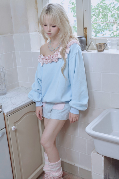 ローズサテンリボンワンショルダースウェット