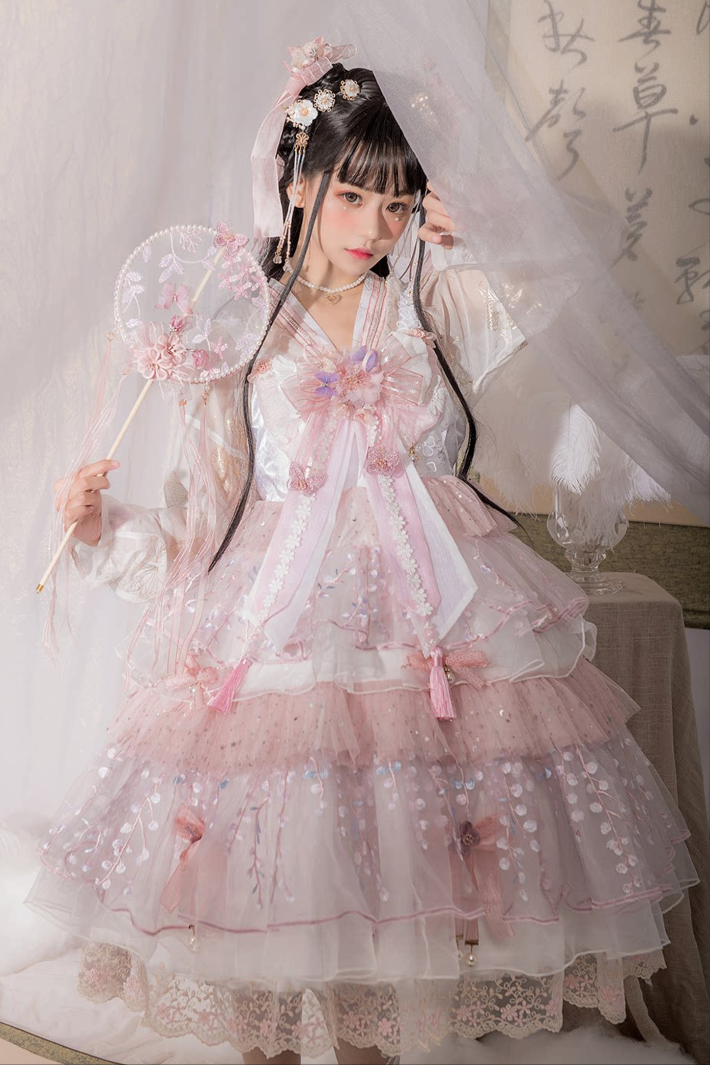 사쿠라 스위트 차이나 로리타 셔츠 + 목걸이 + 리본 + 베일 + 클립