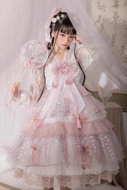 사쿠라 스위트 차이나 로리타 셔츠 + 목걸이 + 리본 + 베일 + 클립