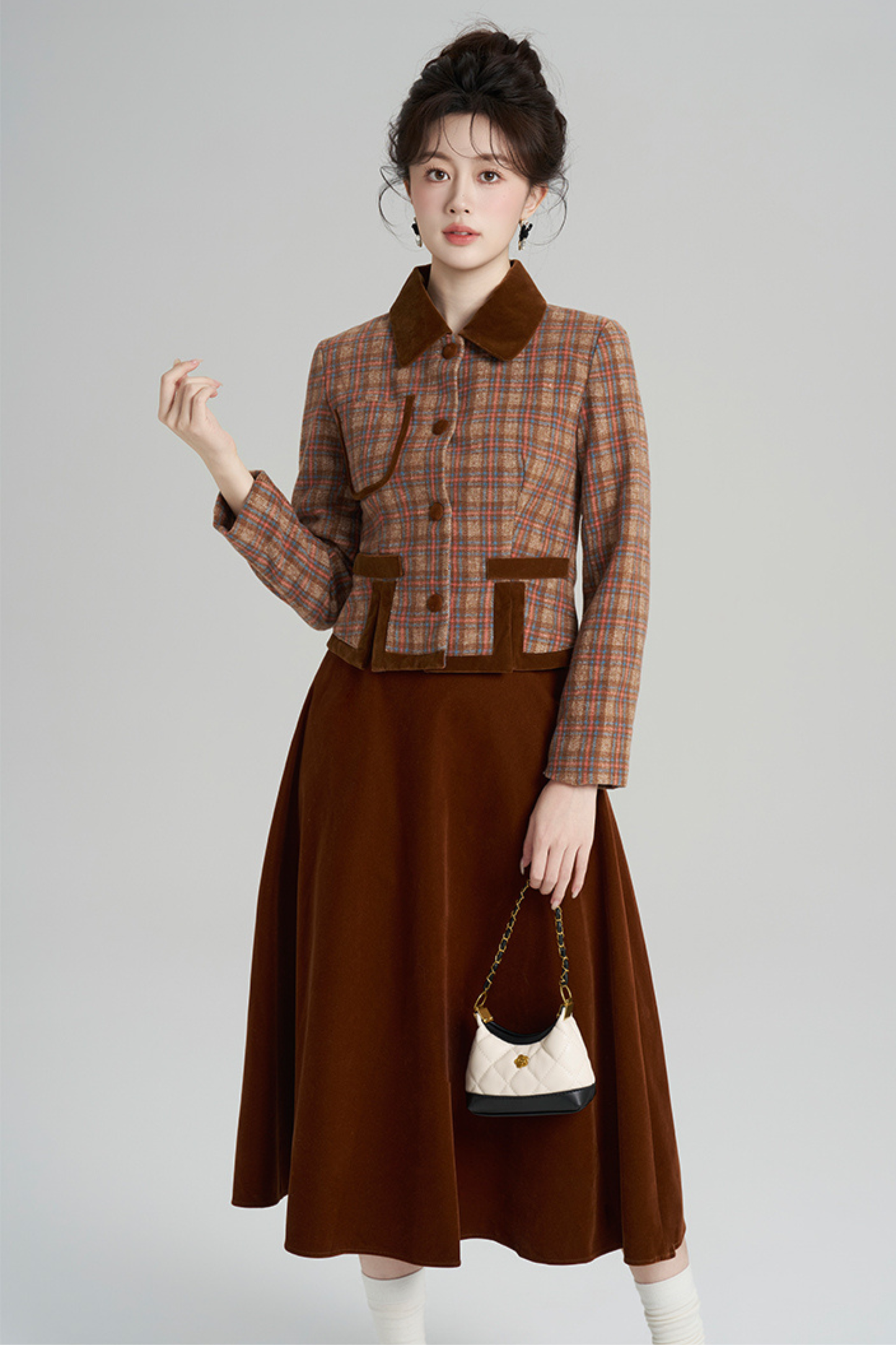 チェックジャケット+レトロプラッドベルベットスカート