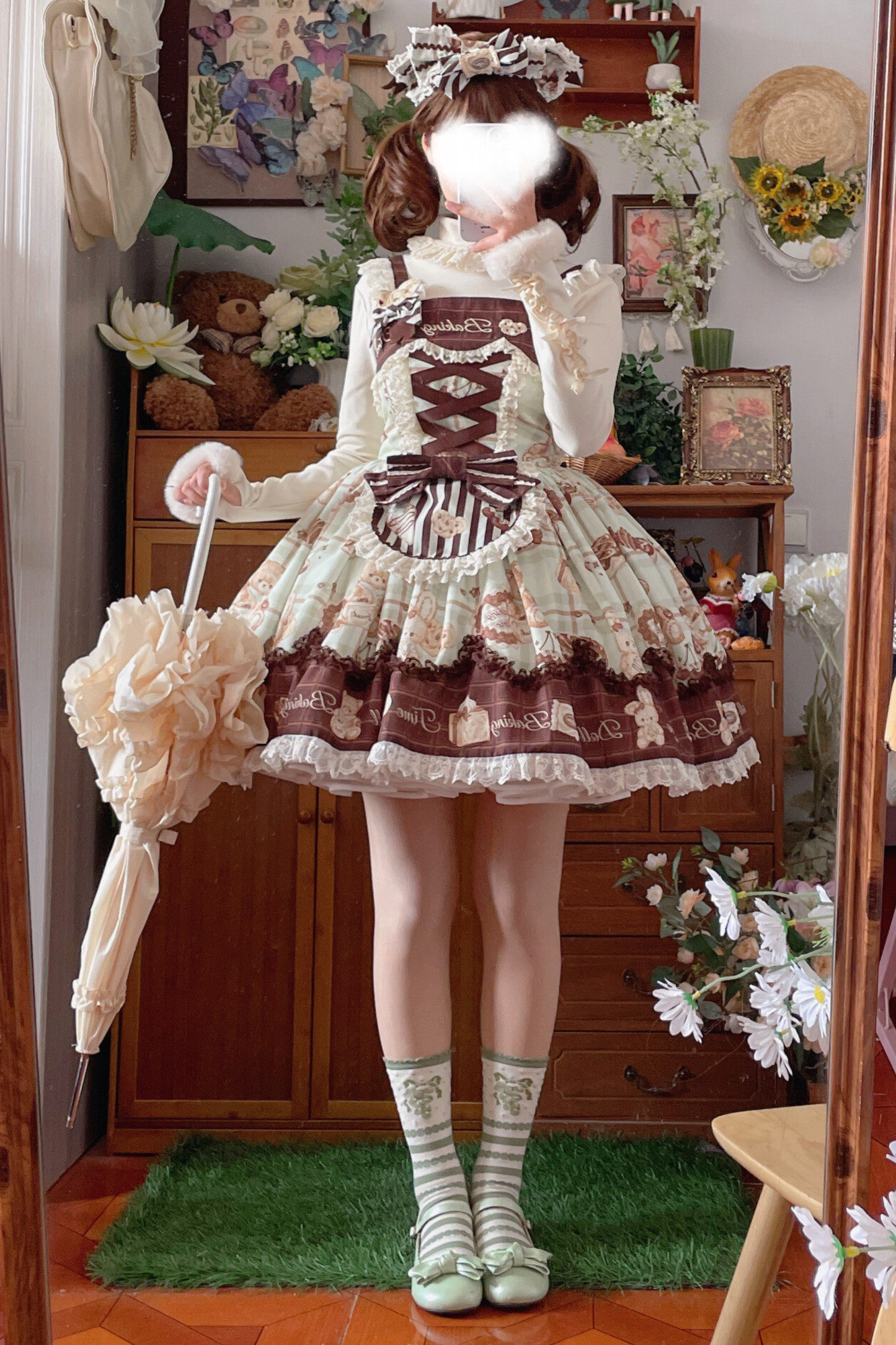 ベアティーパーティーロリータドレス+ジャンパースカート+シャツ+カチューシャ+ブローチ+エプロン