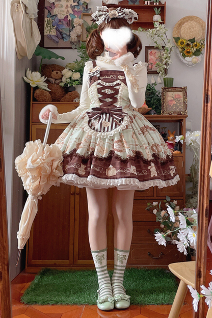 ベアティーパーティーロリータドレス+ジャンパースカート+シャツ+カチューシャ+ブローチ+エプロン