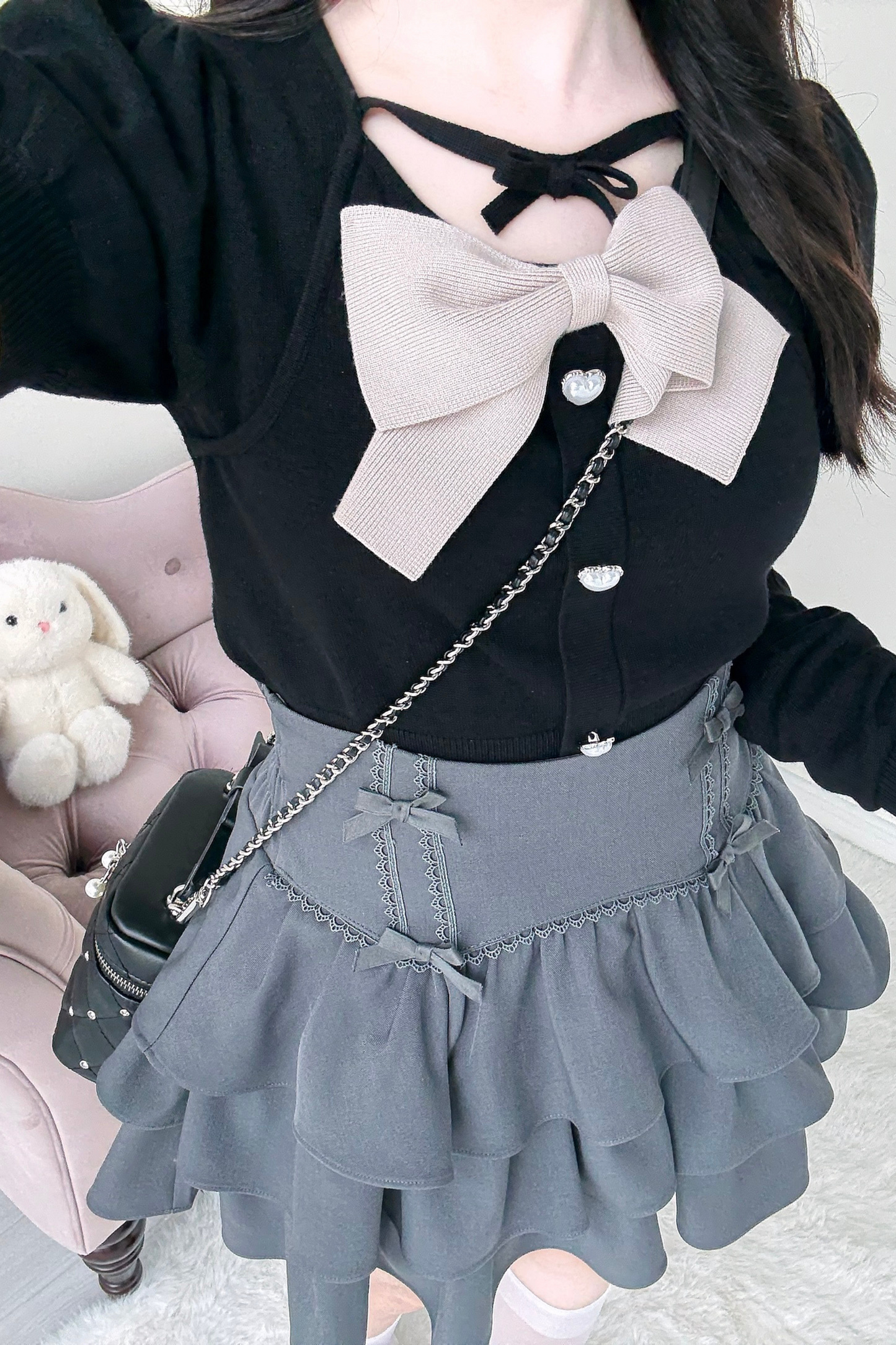 ビッグリボンニットトップス+スカート