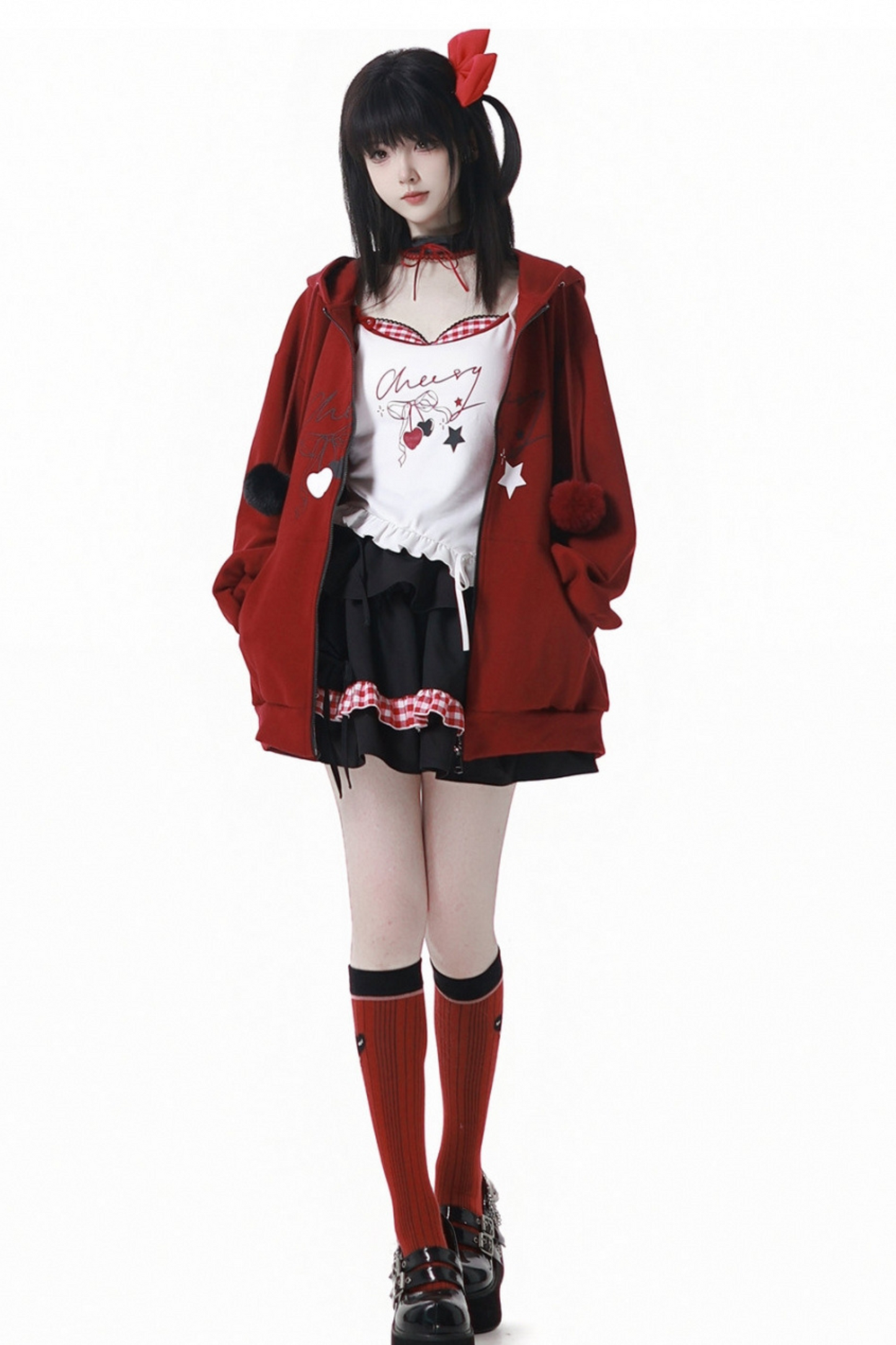 チェリーウィンドフードパーカー+キャミソール+スカート