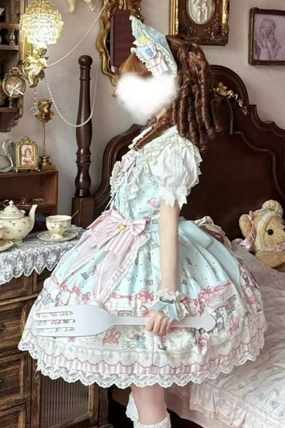 キャビネットロリータジャンパースカート+ドレス+ブローチ+ヘアバンド+ボンネット+エプロン+ハンドスリーブ