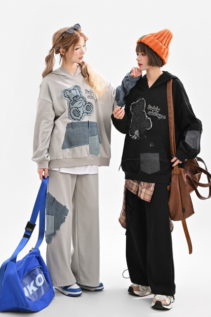 Patchwork Bear Design Loose Hooded Hoodie + Sweatpants