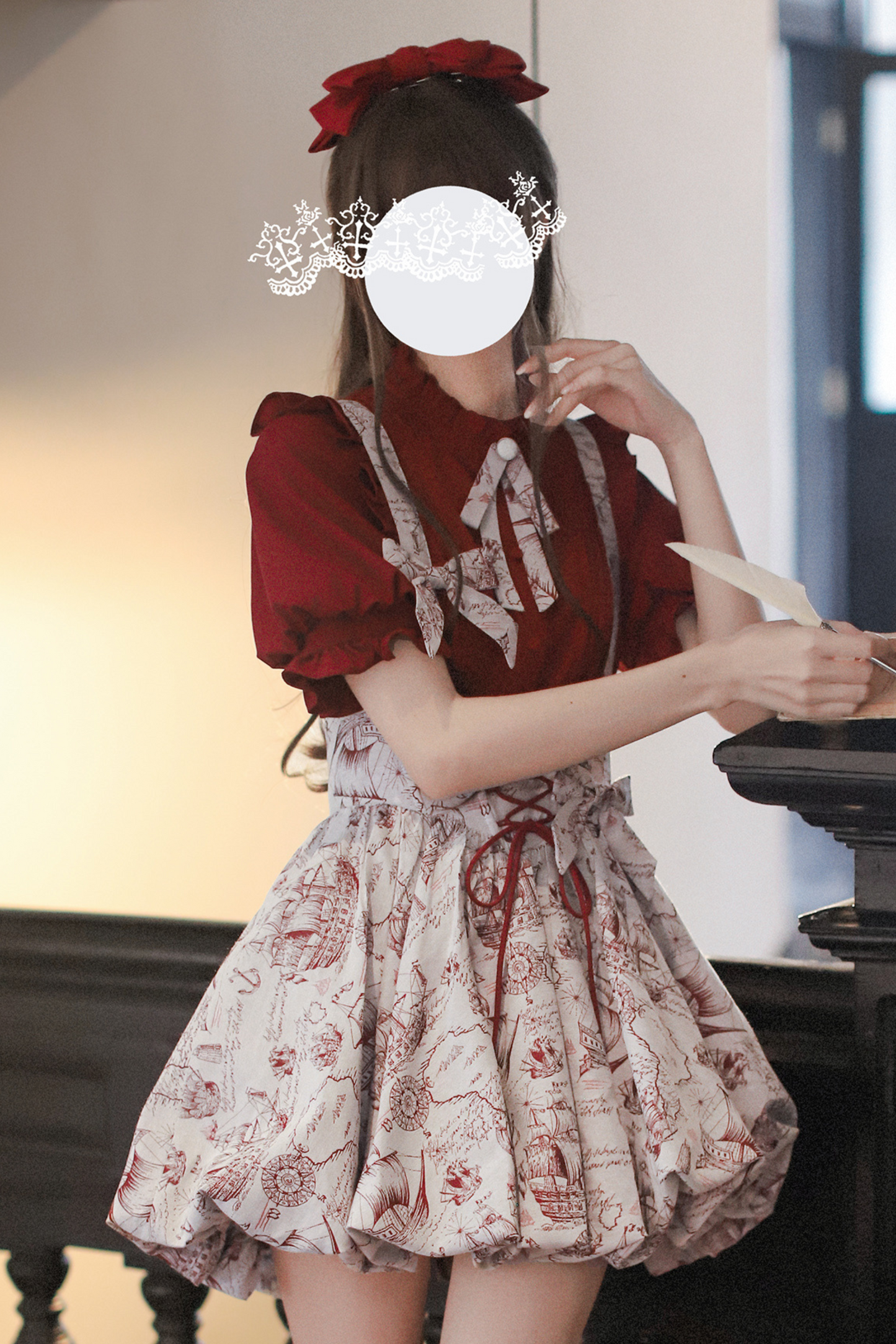 (Pre-order item) Wine Red Puff Sleeve Shirt + Balloon Jumperskirt