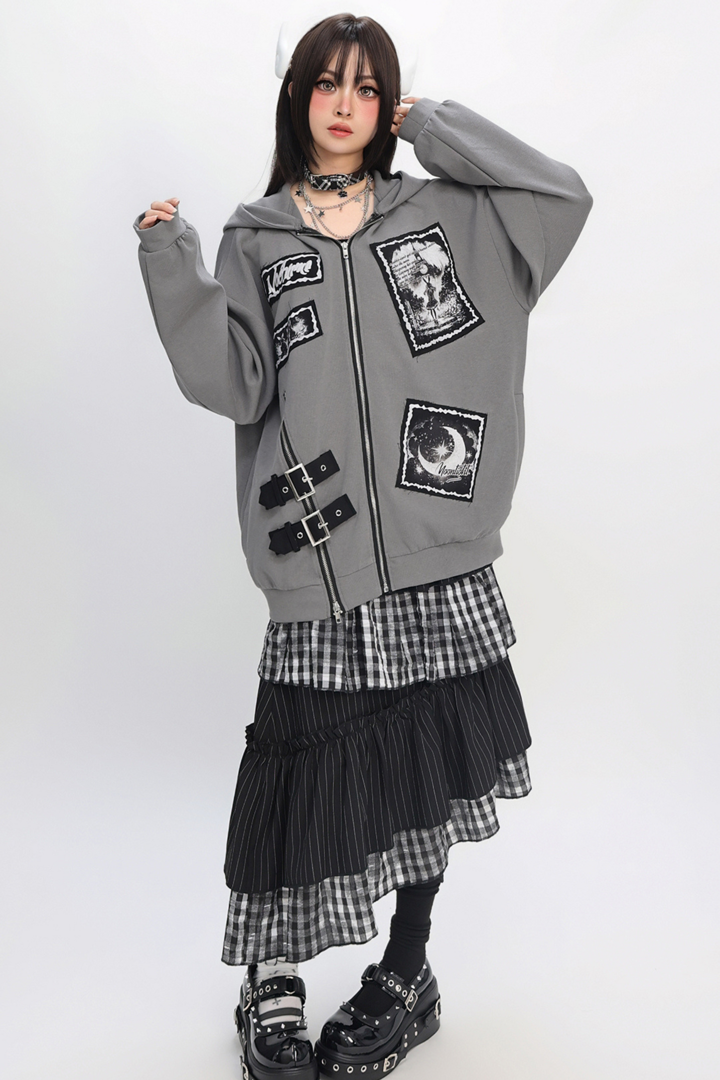 Bee Stitch Print Patchwork Zipper Loose Hoodie