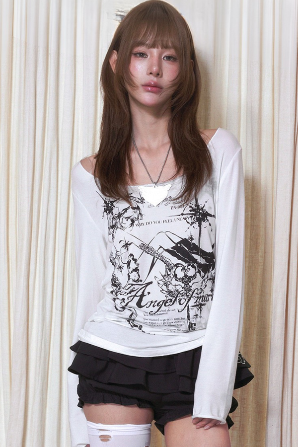 Broken Angel Print Drop Shoulder Top
