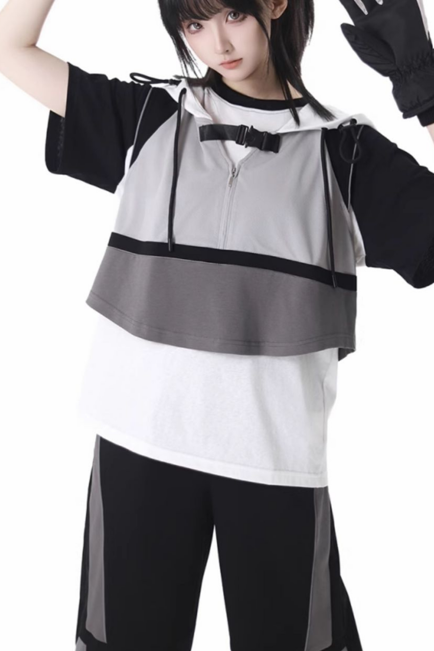 モードカジュアルレイヤードベスト+Tシャツ+ワイドパンツ+ワンピース